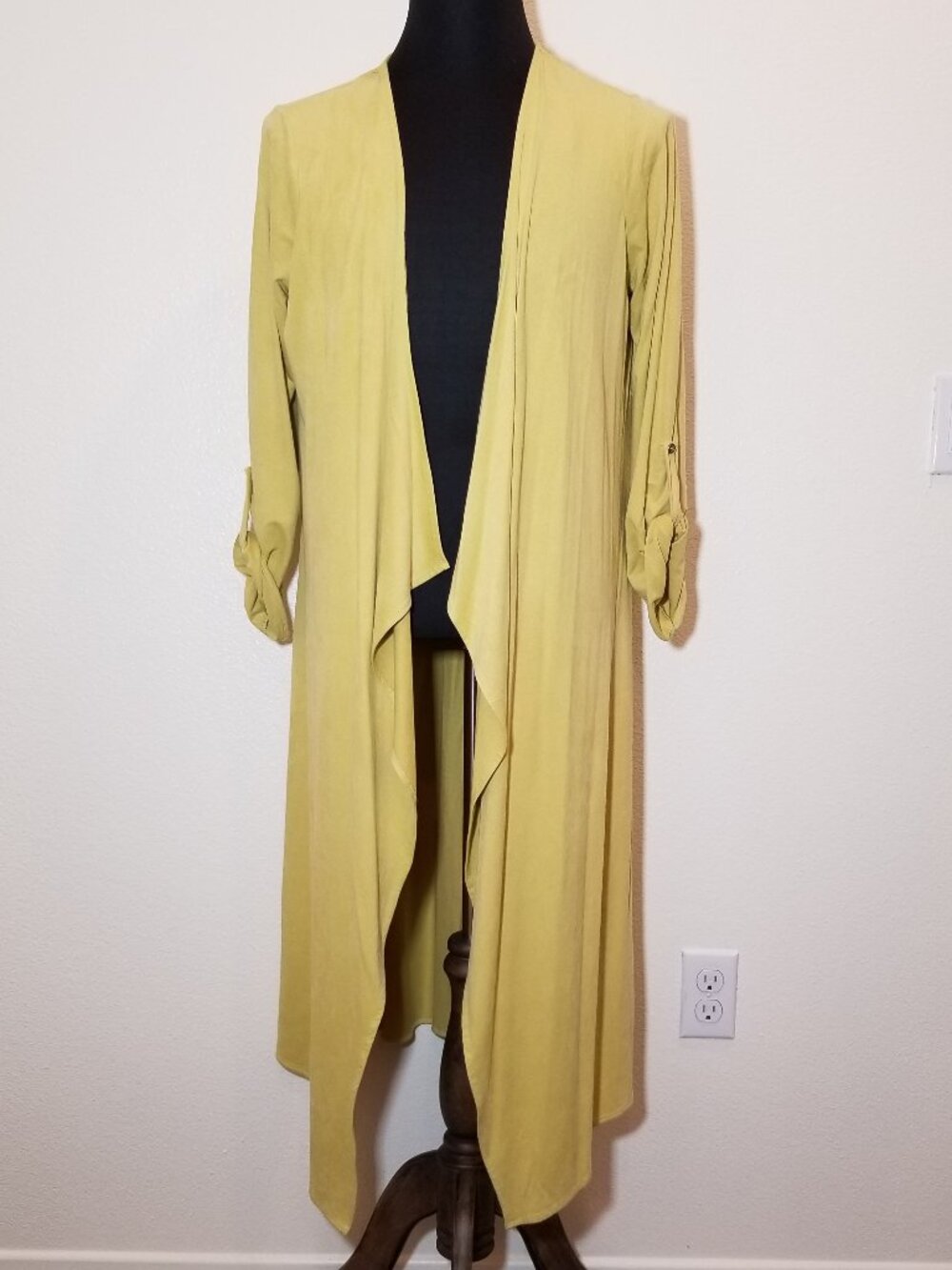 Tahari Womens L Faux Leather Light Green Long Drape Cardigan Open Front City NWT
